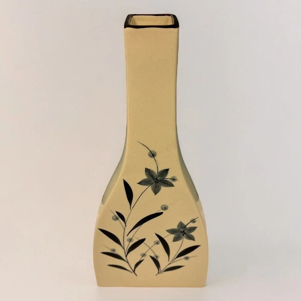 Gray/Tan Tall 14.5” Sleek Vase Painted Blue Flowers Twigs And Berries